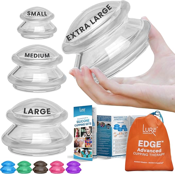 Lure Essentials Edge Silicone Cupping Set, Cupping Kit for Massage Therapy, Long Lasting Cups for Professional & Home Use, Body Sculpt Cup for Cellulite, Ultra Transparent Clear-Ruum Studio Home