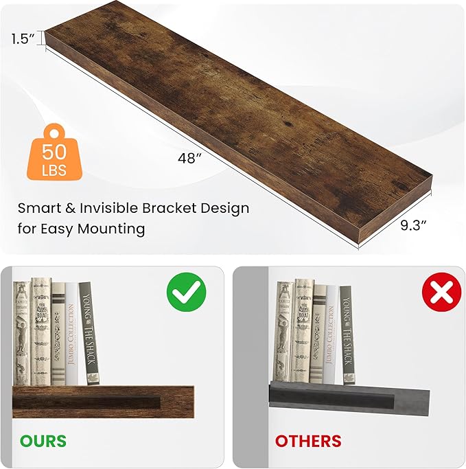Floating Shelves for Wall, 48"W x 9.3"D x 1.5"H, Wooden Wall Mounted Display Shelf with Invisible Brackets for Living Room, Bedroom, Bathroom, Kitchen Decor and Storage, Set of 1, Rustic Brown-Ruum Studio Home