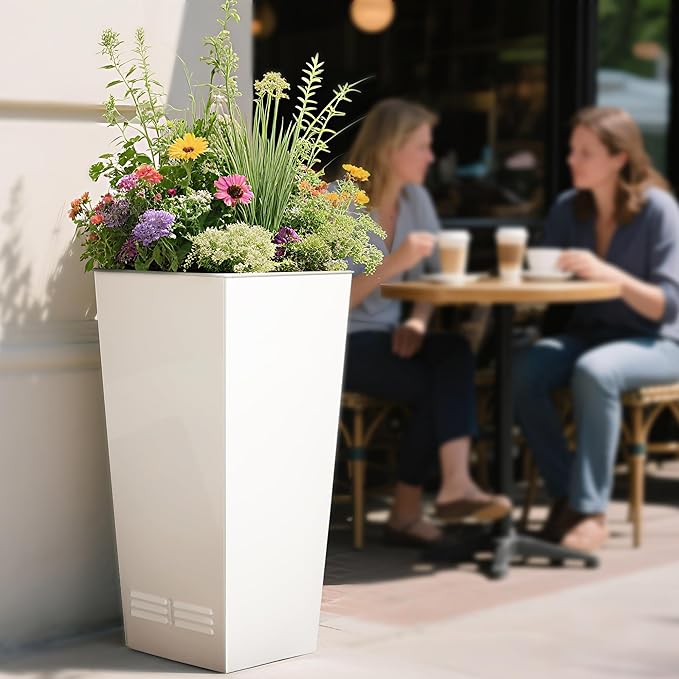 Worth Garden 28" H. Large Metal Glazed Planter Set of 2, Modern Glossy Finish White Tall Square Tapered Steel Flower Plant Pots for Indoor & Outdoor Use - Insert Plate with Drain Holes, Air Vents-Ruum Studio Home