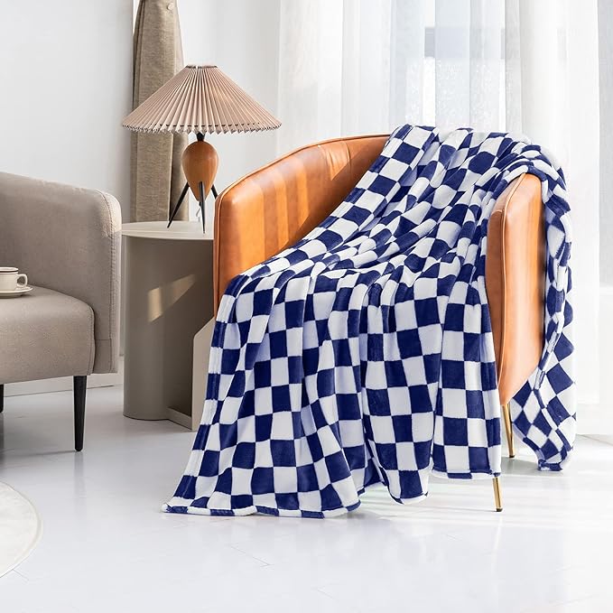 LOMAO Throw Blankets Flannel Blanket with Checkerboard Grid Pattern Soft Throw Blanket for Couch, Bed, Sofa Luxurious Warm and Cozy for All Seasons (Dark Blue, 50"x60")-Ruum Studio Home