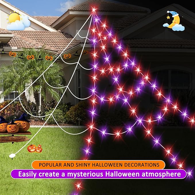 Halloween Spider Web Lights 550 LED Lighted Spider Web 16.4Ft Giant Halloween Decorations Light up with 8 Lighting Modes Waterproof & Timer for Indoor Outdoor House Haunted Yard Decor, Orange & Purple-Ruum Studio Home