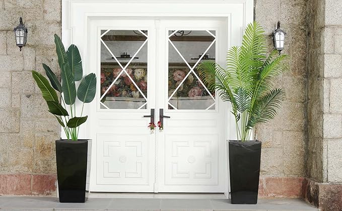 30" Tall Planters Set of 2, Outdoor＆Indoor Black Planter Pots, High Front Porch Planter Pots with Drainage Holes＆Water Level Monitor Movable Wheels ＆Inner Bucket, Automatic Watering,Black-Ruum Studio Home