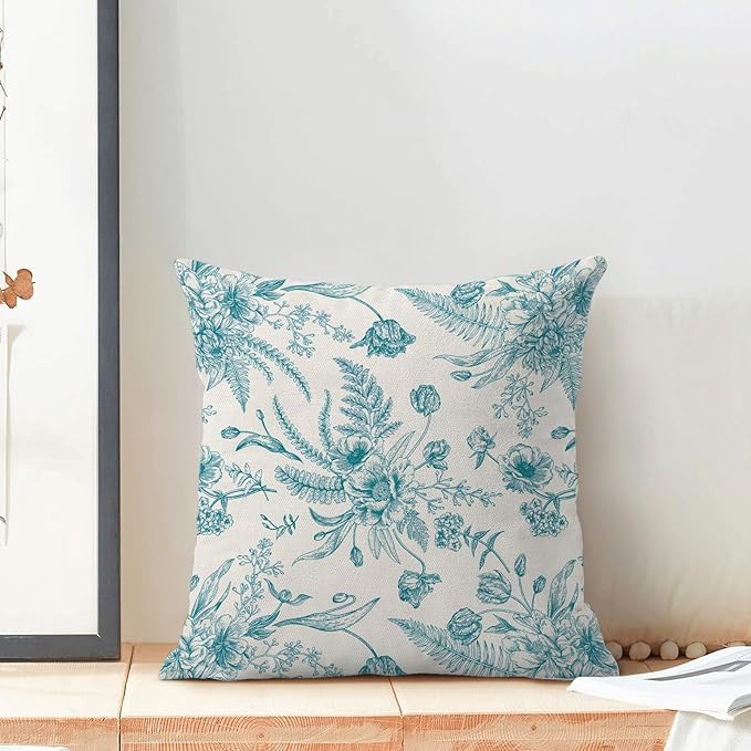 CXMEIFLY Aqua Teal Spring Pillow Covers 18 x 18 Inch Set of 2 for Chinoiserie Flowers Decor Throw Pillows Floral Leaves Seasonal Plant Outdoor Decorative Cushion Cases for Couch Bed Decorations-Ruum Studio Home