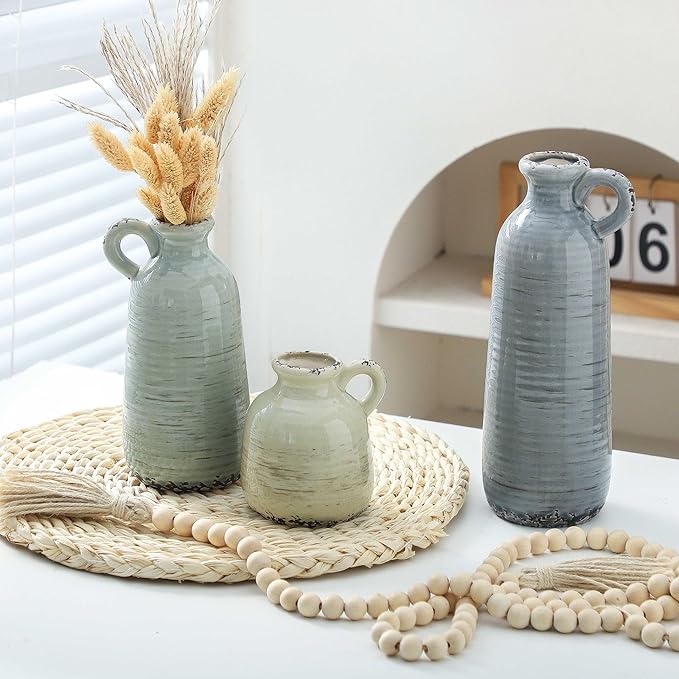 Ceramic Vase Set of 3 | Neutral Vase Home Decor with Handle | Pottery Modern Farmhouse Vases Pampas Grass Flower Vases for Home Decor Table Living Room Centerpieces Mantel Decor - Multicolor-Ruum Studio Home