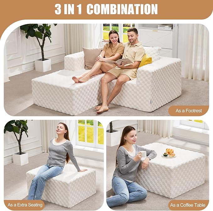 Hobestluk Rectangle Ottoman Memory Foam Footrest for Couch with Removable Cover Large Floor Seating for Adults Ottoman Coffee Table for Living Room, Bedroom or Office (Plush White, Footrest)-Ruum Studio Home