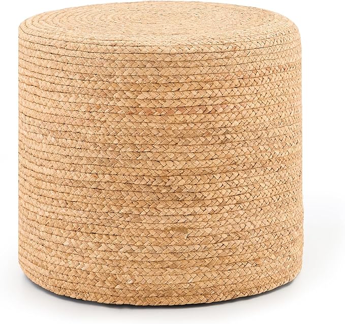 Handwoven Ottoman Pouf, Natural Water Hyacinth Footstool, Round Braided Outdoor Seat with Sturdy Frame, Boho Accent Stool for Patio, Balcony, or Garden (Natural)-Ruum Studio Home