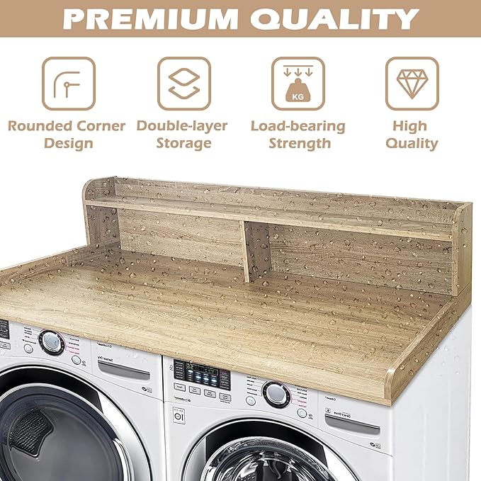 Royxen Laundry Countertop with 2-Tier Shelf Universal Fit, Washer and Dryer Countertop with Storage Space, Shelf Height 11.5 Inches, White Oak-Ruum Studio Home