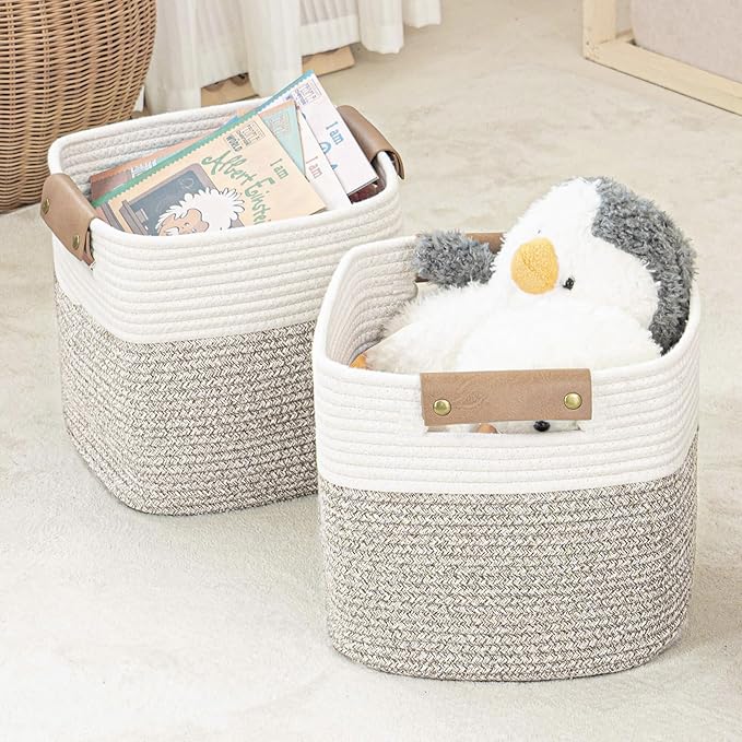 danpinera 11 Inch Storage Baskets, Woven Baskets for Organizing, 3 Pack Storage Cubes for Shelves, Closet, Nursery with Removable Leather Handles, White & Mixed Brown-Ruum Studio Home