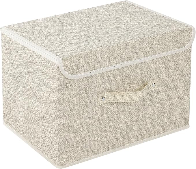 Storage Boxes, Collapsible Storage Bins with Lids, Cotton and linen cloth Storage Baskets with Handle, for Books, Closet, Bedroom, Home, 15x9.8x9.8 in, Grey and Beige-Ruum Studio Home