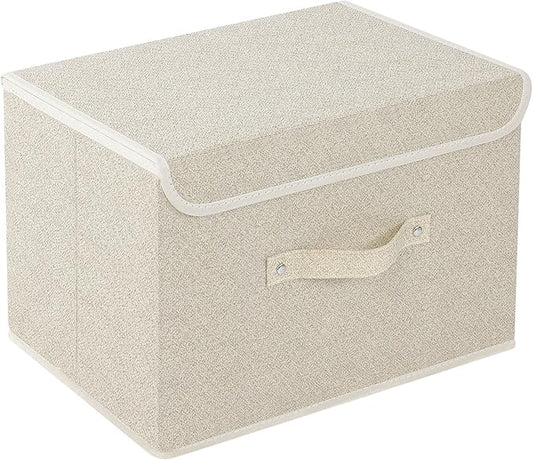 Storage Boxes, Collapsible Storage Bins with Lids, Cotton and linen cloth Storage Baskets with Handle, for Books, Closet, Bedroom, Home, 15x9.8x9.8 in, Grey and Beige-Ruum Studio Home