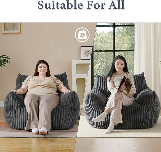 Giant Plush Bean Bag Chair for Adults with Armrests - Oversized Comfy Grey Beanbag Lounge Lazy Floor Sofa Accent Chair for Living Room, Bedroom & Dorm, Cozy Fluffy Single Cloud Mini Couch-Ruum Studio Home