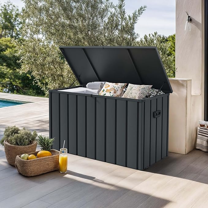 PURPLE LEAF Outdoor Deck Box 120 Gallon Waterproof Lockable Storage Box Container with Lid Deck Organization for Patio Cushions Side Table Pool Accessories Garden Tools, Gray-Ruum Studio Home