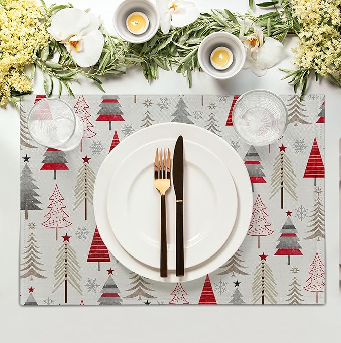 Christmas Tree Placemats Set of 4 Geometric Colorful Xmas Place Mats 12x18 Inch Seasonal Winter Holiday Farmhouse Washable Linen Table Mat for Party Kitchen Dining Decoration-Ruum Studio Home