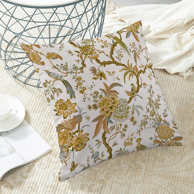 CXMEIFLY Summer Floral Birds Pillow Covers 16 x 16 Inch Set of 2 for Chinoiserie Flowers Spring Decor Throw Pillows Mustard Yellow Plant Outdoor Decorative Cushion Cases for Couch Bed Decorations-Ruum Studio Home