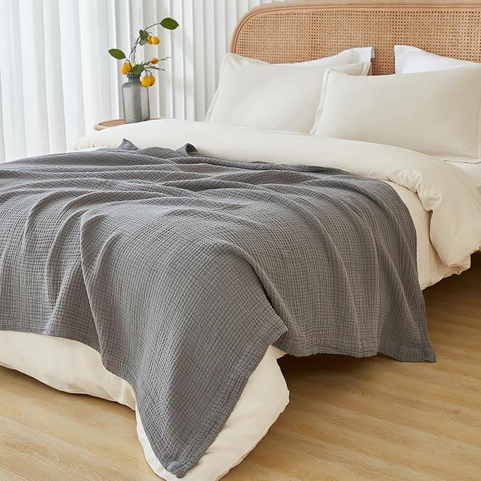 EMME Cotton Muslin Blanket King Size - Soft, Breathable Layering Blanket, 108"x90", All Season Gauze, Grey-Ruum Studio Home