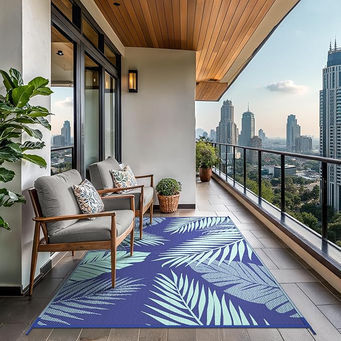 GENIMO Outdoor Rug 8' x 10' Waterproof for Patios Clearance, Reversible Outdoor Plastic Straw Camping Rug Carpet, Large Area Rugs Mats for RV, Camper, Deck, Balcony, Porch, Beach Royal Blue&Blue Green-Ruum Studio Home