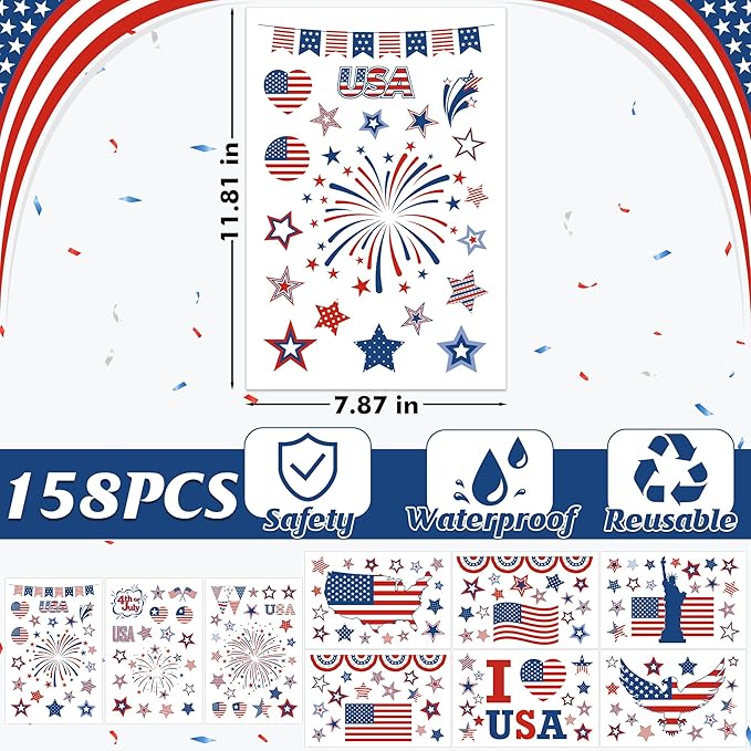 158 Pcs 4th of July Window Clings, 9 Sheets Patriotic Window Clings Decals, Watercolor Double-Sided American Flag Stars Firework Window Stickers for Independence Day Parade Veterans Memorial Day Decor-Ruum Studio Home