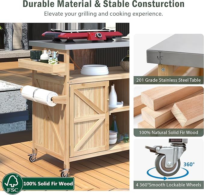 Outdoor Grill Table with Stainless Steel Top, Farmhouse Solid Wood Kitchen Island Cart with Internal Storage Rack, Outdoor Bar Cart with Storage Cabinet, Spice & Towel Rack, Natural-Ruum Studio Home