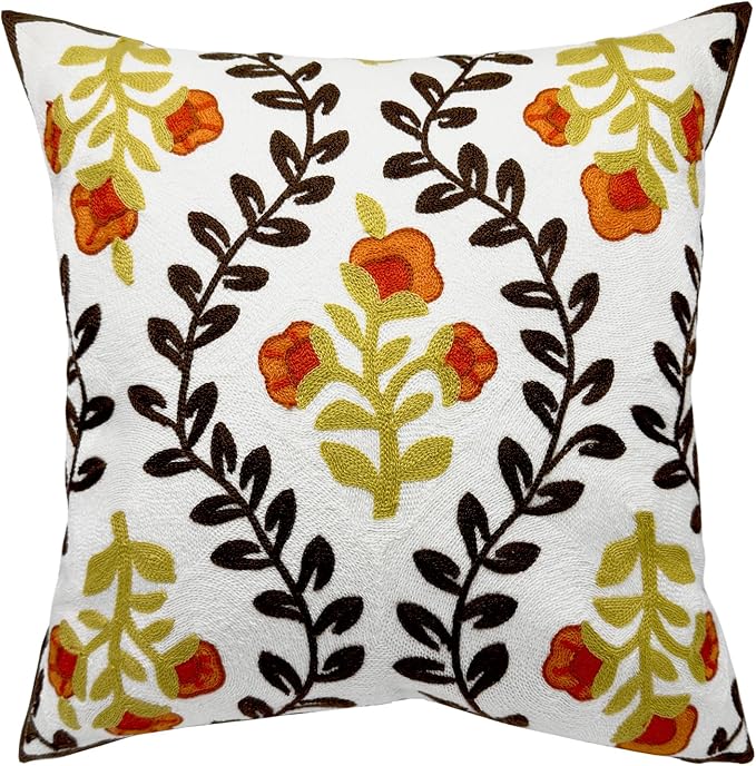 Alysheer Floral Embroidered Fall Decorative Throw Pillow Cover 18"x 18", Farmhouse Cottage Orange Flowers Brown Leaves Knit Pattern Cotton Canvas Cushion Case for Sofa Couch Bed Living Room Decor-Ruum Studio Home