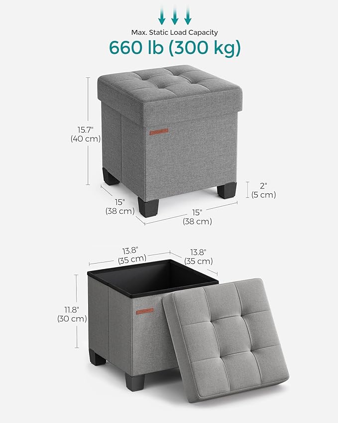 SONGMICS Storage Ottoman, Small Ottoman Foot Rest with Legs, 15 x 15 x 15.7 Inches Foot Stool, Load up to 660 lb, for Living Room, Bedroom, Dorm, Dove Gray ULSF014G02-Ruum Studio Home