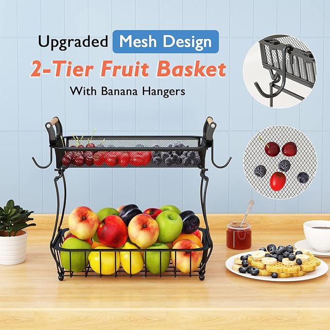 ANTOPY 2 Tier Fruit Basket with 2 Banana Hangers, Countertop Fruit Vegetable Basket Bowl for Kitchen Counter Metal Mesh Basket Fruits Stand Produce Holder Organizer for Onion Potato Bread Snack Veggie-Ruum Studio Home