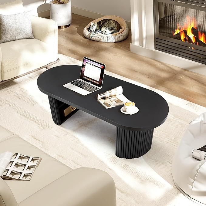 Oval Fluted Coffee Table, 47" Farmhouse Wood Coffee Table Mid Century Modern Center Table Boho Living Room Tables for Living Room Office,Black-Ruum Studio Home