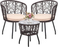 Kromax 3 Piece Bistro Set, Modern Outdoor Wicker Patio Furniture with Tempered Glass Table Top and 2 Chairs, Washable Cushions, Brown Rattan and Begie Cushion-Ruum Studio Home
