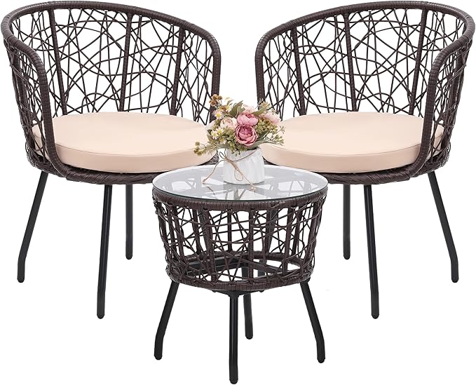 Kromax 3 Piece Bistro Set, Modern Outdoor Wicker Patio Furniture with Tempered Glass Table Top and 2 Chairs, Washable Cushions, Brown Rattan and Begie Cushion-Ruum Studio Home
