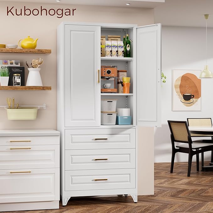 75" Kitchen Pantry Cabinet, Metal Storage Cabinets with Doors and Adjustable Shelves, White Tall Pantry Cabinet with 3 Drawers for Dinning Living Room-Ruum Studio Home