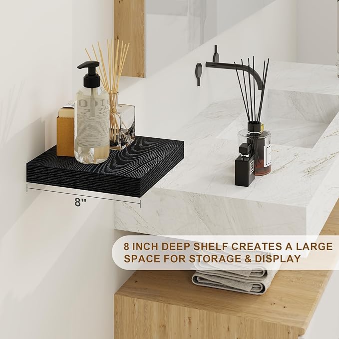 Fun Memories Black Floating Shelves 8 Inch Long, 8" Deep Wall Shelves, Small Deep Floating Shelf Square Wall Shelf, Rustic Display Shelves for Living Room, Bathroom, Kitchen, Set of 2-Ruum Studio Home