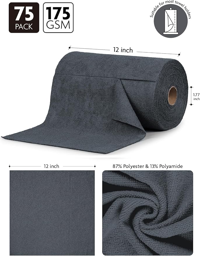 Fantasticlean Microfiber Cleaning Cloth Roll -75 Pack, Tear Away Microfiber Towels, 12" x 12", Reusable, Washable, Scratch Free, Ultra Absorbent Dish Rags for Car, Home, Garage or Shop (DimGray)-Ruum Studio Home