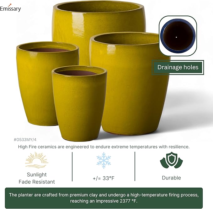 Emissary Bullet 14 in. Mustard Yellow Ceramic Round Planter (14 in. L x 14 in. W x 15.5 in. H) with Drainage Hole-Ruum Studio Home