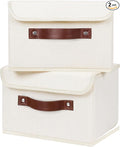 ANMINY 2PCS Storage Bins with Lid PU Leather Handles Storage Boxes PP Plastic Board Decorative Foldable Lidded Cotton Linen Fabric Home Cubes Baskets Closet Organizer Containers - Beige, Small Size-Ruum Studio Home