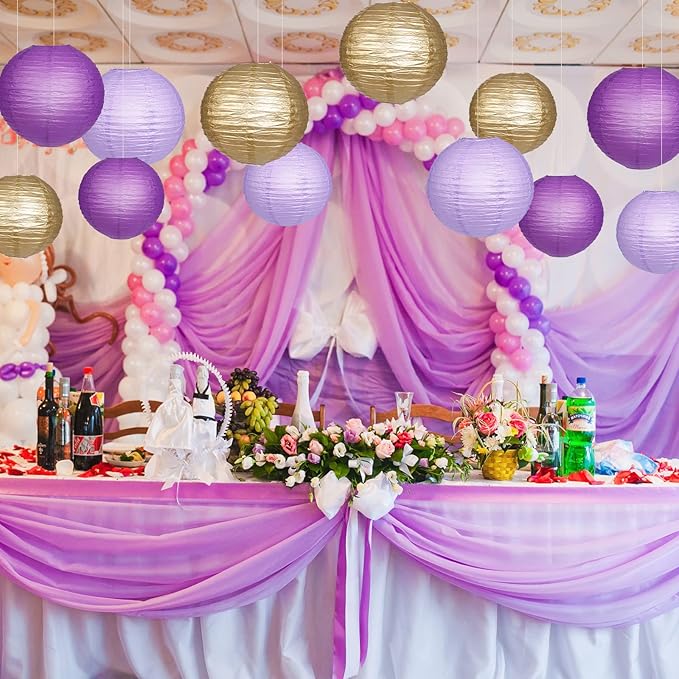 Paper Lanterns Decorative, Purple Lavender Gold Hanging Round Chinese Lanterns with Lights for Graduation Bachelorette Theme Birthday Party 12 LED Light Pack of 12-Ruum Studio Home