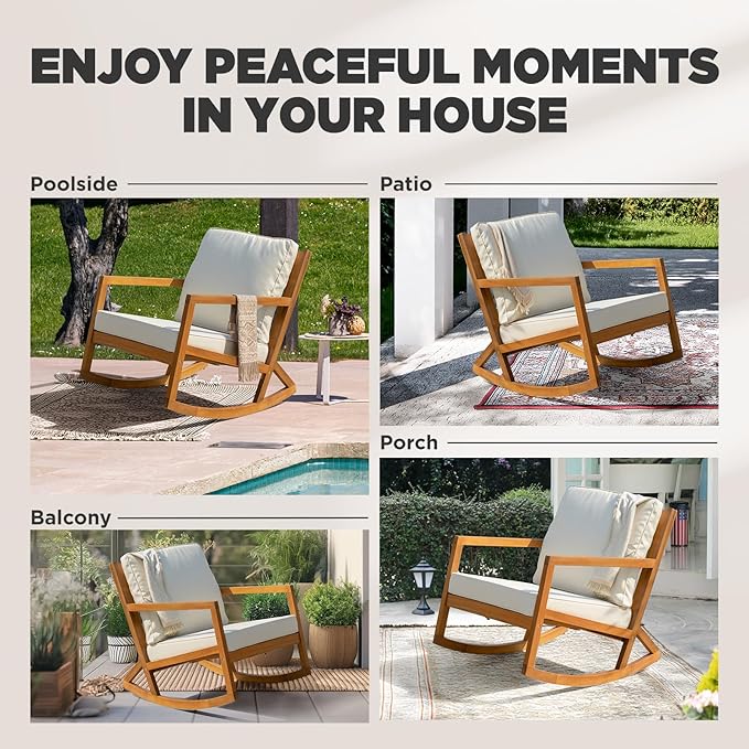 IDZO Club Rocking Chair 500lbs Capacity with Inclined Backrest, Thick Foam Cushion, Solid Acacia Wood Rocker for Patio, Backyard, Balcony, Porch-Ruum Studio Home