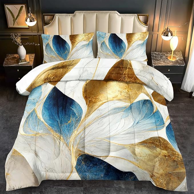 Vintage Floral Comforter Set King Size Women,Marble Flower Bedding Set King,Marble Blue Flower Bed Comforter,Blue and Gold Floral Quilt Bedroom Decor for Kids and Adults-Ruum Studio Home