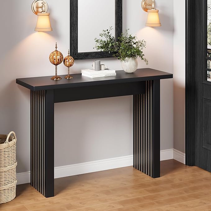 AVZEAR Mid Century Narrow Entryway Console Table, 43.3" Fluted Wood Couch Table Behind Sofa Long and Skinny for Living Room Hallway Entrance Foyer, Black-Ruum Studio Home