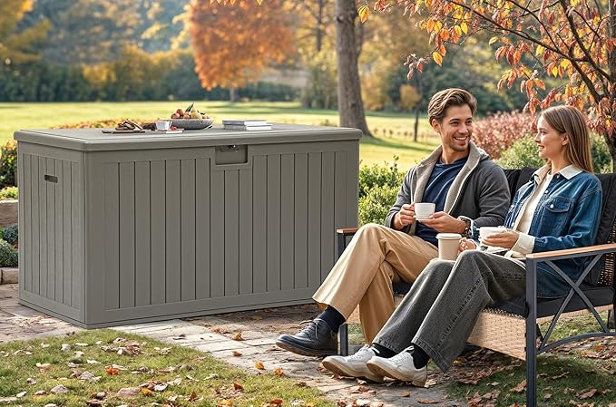 YITAHOME 200 Gallon Extra Large Deck Box, Double-Wall Resin Outdoor Storage Box with Flexible Divider for Patio Cushions Pool Supplies Garden Tools, 990 lbs Load Capacity, Lockable (Light Brown)-Ruum Studio Home