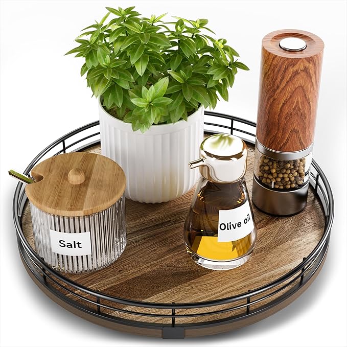 Acacia Wood 10" Lazy Susan Turntable Organizer for Table Top, Farmhouse Round Wooden Lazy Susan for Cabinet Kitchen Centerpieces Coffee Table, for Condiments Spices, Bathroom Vanity Tray Decor-Ruum Studio Home
