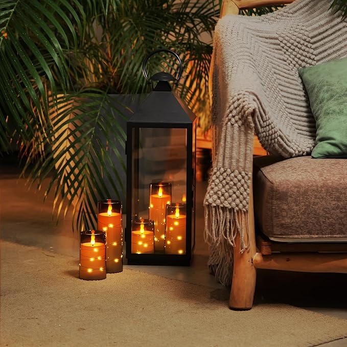 Homemory Flameless Candles with Embedded Star String Fairy Lights, Battery Operated Candles, LED Candle, Fake Candles with Remote Control and Timer for Halloween, Gray Acrylic, Set of 5(H4"5"6"8"8")-Ruum Studio Home