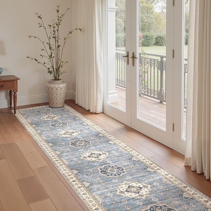Washable 2.6x12 Runner Rug - Area Rugs Neutral Vintage Distressed Floral Farmhouse Boho Large Soft Floor Rug Indoor Carpet for Hallway Entryway Kitchen Home - Blue-Ruum Studio Home