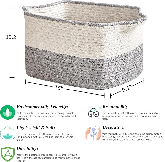 Cotton Rope Storage Basket Set of 3 (15"x10.2"x9.1") - Rectangle Storage Bins - Versatile Toy Storage Organizer - Perfect for Kids, Dog Toys, Books, Shelves - White & Grey-Ruum Studio Home