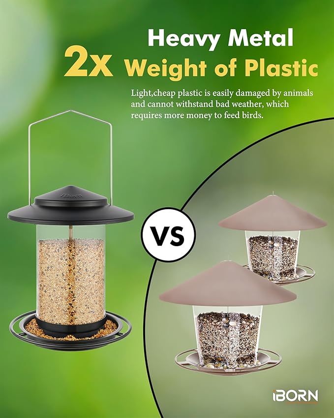 iBorn Metal Bird Feeders for Outdoors Hanging,Wild Bird Feeders for Cardinal,18cm Large Roof&Tray Black 6 Port (Seed is not Included)-Ruum Studio Home