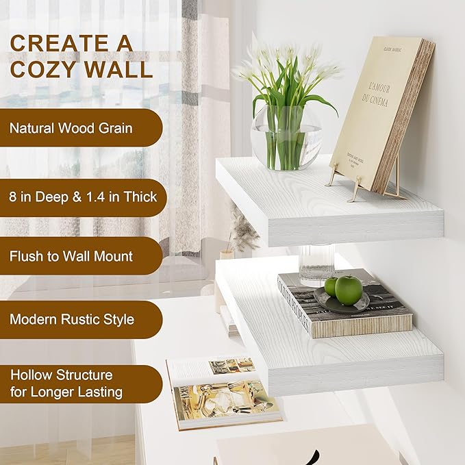 Fun Memories White Floating Shelves 16 Inch Long, 8 Deep Floating Shelf Wall Mounted, 16 x 8 Inch Wooden Bathroom Shelves, Deep Storage Shelves for Living Room, Kitchen, Set of 2-Ruum Studio Home