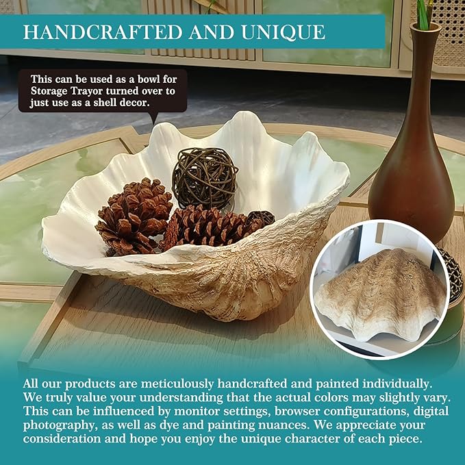 Large EarthTan-White Sea Shells Decorative Bowl Resin Clam Shell Bowl Beach Decorations for Home Coastal Beach Decor Decoration Storage Bowls & Home Office Nautical Themed Party Decor -10.2"-1PC-Ruum Studio Home