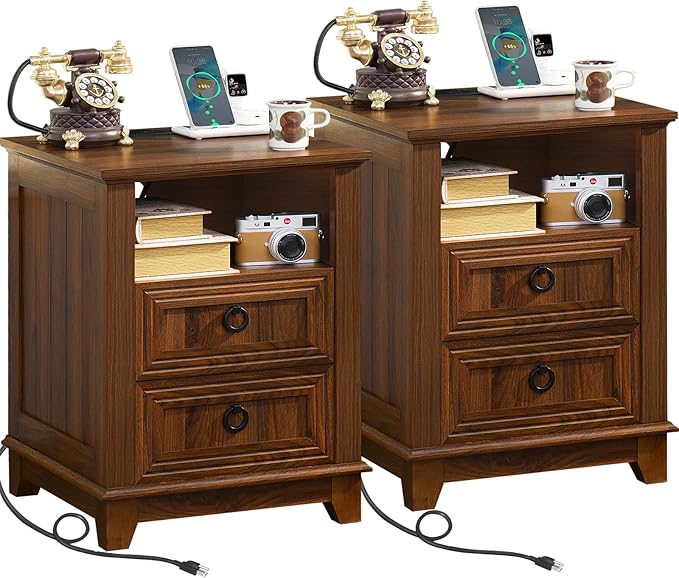 18" Farmhouse Night Stands Set of 2 with Charging Station, 2 Drawers End Table Dresser for Bedroom, Brown Wooden Nightstand, Bed Side Table with Open Shelf, Bedside Cabinet for Living Room-Ruum Studio Home