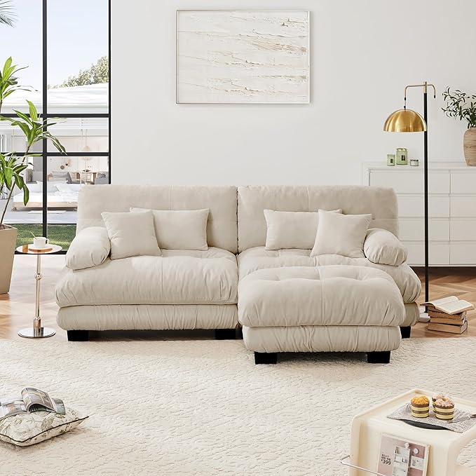 Modular Sectional Sofa, L Shaped Couch with Ottoman, 2 Seater Cloud Couch Small Couches for Small Spaces, Modern Deep Seat Sofa Living Room Oversized Loveseat W/Bolster Armrests 4 Pillows-Ruum Studio Home