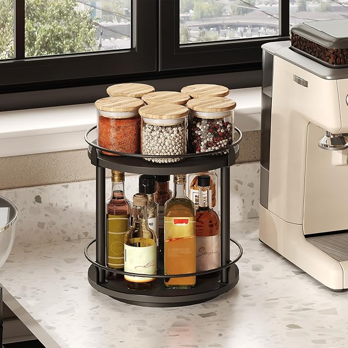 Lazy Susan Organizer, Rotating Spice Rack, 2 Tier Spice Turntable Organizer, Industrial Turntable Spice Holder, for Kitchen Countertop and Cabinet, Compact and Versatile, Black SR22BK-Ruum Studio Home