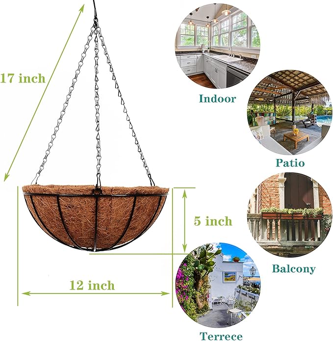 Hanging Baskets for Plants Outdoor(12 inch 4 Pack)- Coconut Coir Hanging Planters Outdoor,Metal Wire Baskets with Coco Liner, Hanging Pots for Plants Indoor, Flower Pots for Railings-Ruum Studio Home