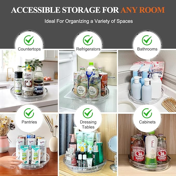 Clear Lazy Susan Organizer Turntable for Cabinet Table Top, 9.25 Inch 2 Pack 360 Rotating Spinning Makeup Organizer for Vanity, Kitchen Storage Rack Heavy-Duty Pantry Spices Tray Countertop Organizer-Ruum Studio Home
